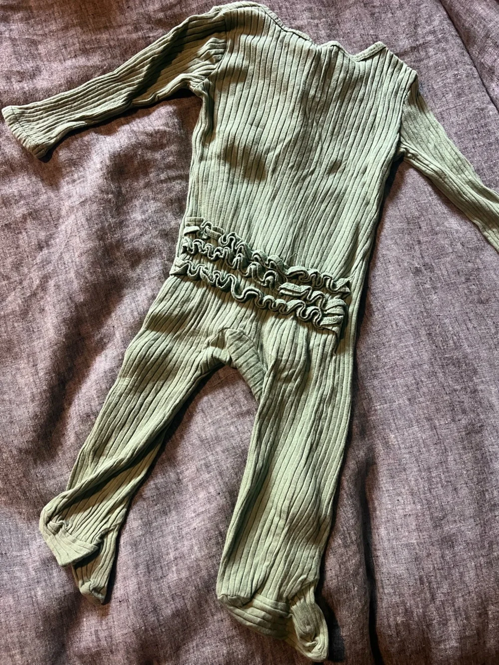 Ribbed Olive Green Ruffle-Trim Footed pajamas for Baby
